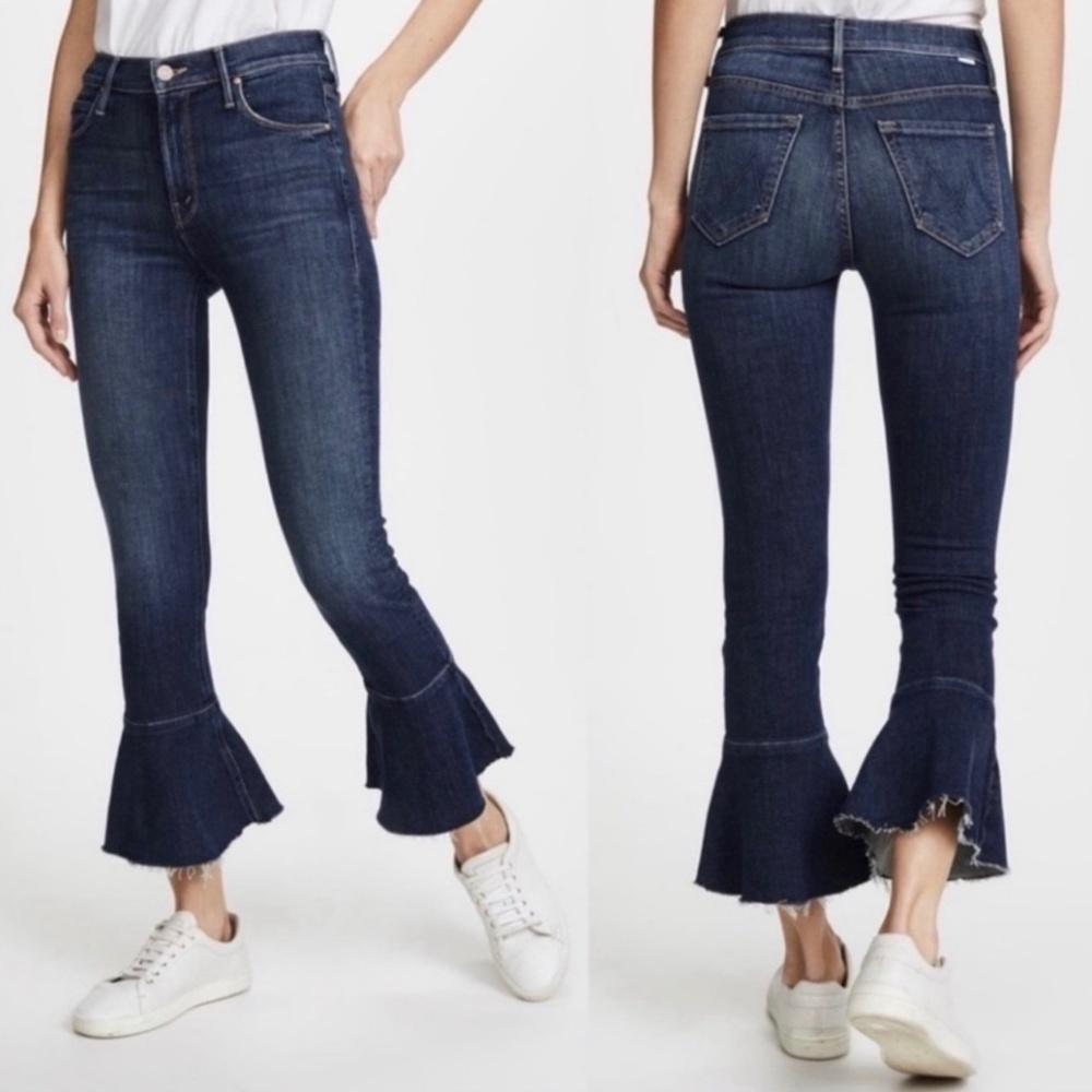 MOTHER The Cha Cha in Girl Crush Chic City Boho Frayed Flare Blue Jeans 25